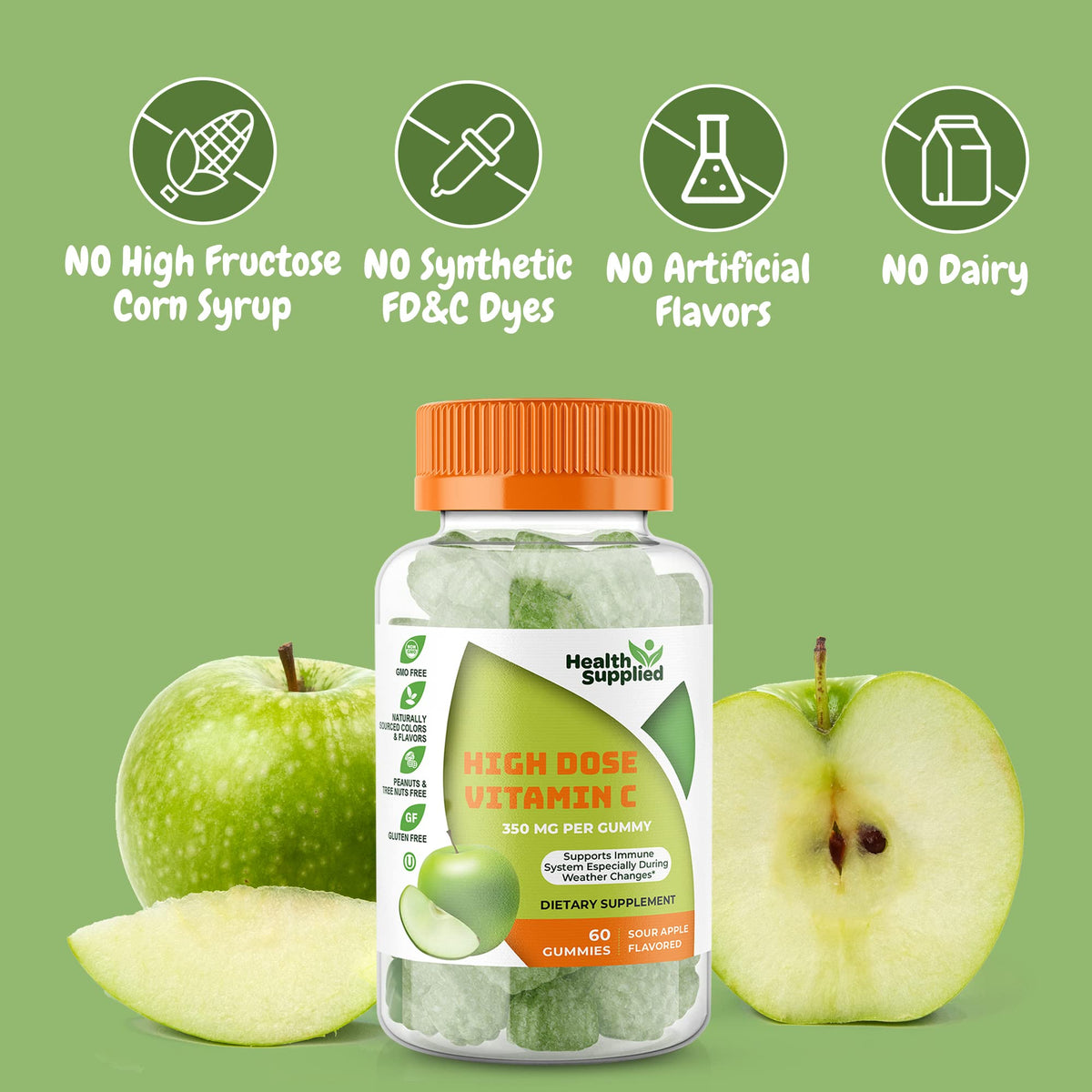 Health Supplied Sour Apple Flavored Vitamin C Gummies Mega Dose