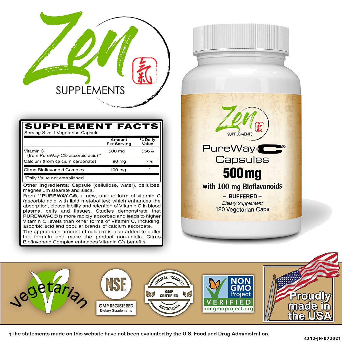 Zen Supplements Buffered Vitamin C 500mg - 120 Vegetarian Capsules - image 2