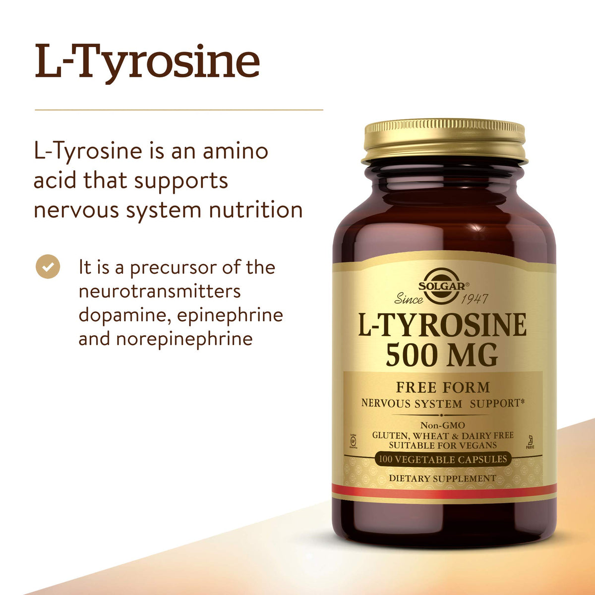 Solgar L-Tyrosine 500 mg Brain Support - 100 Vegetable Capsules - image 3