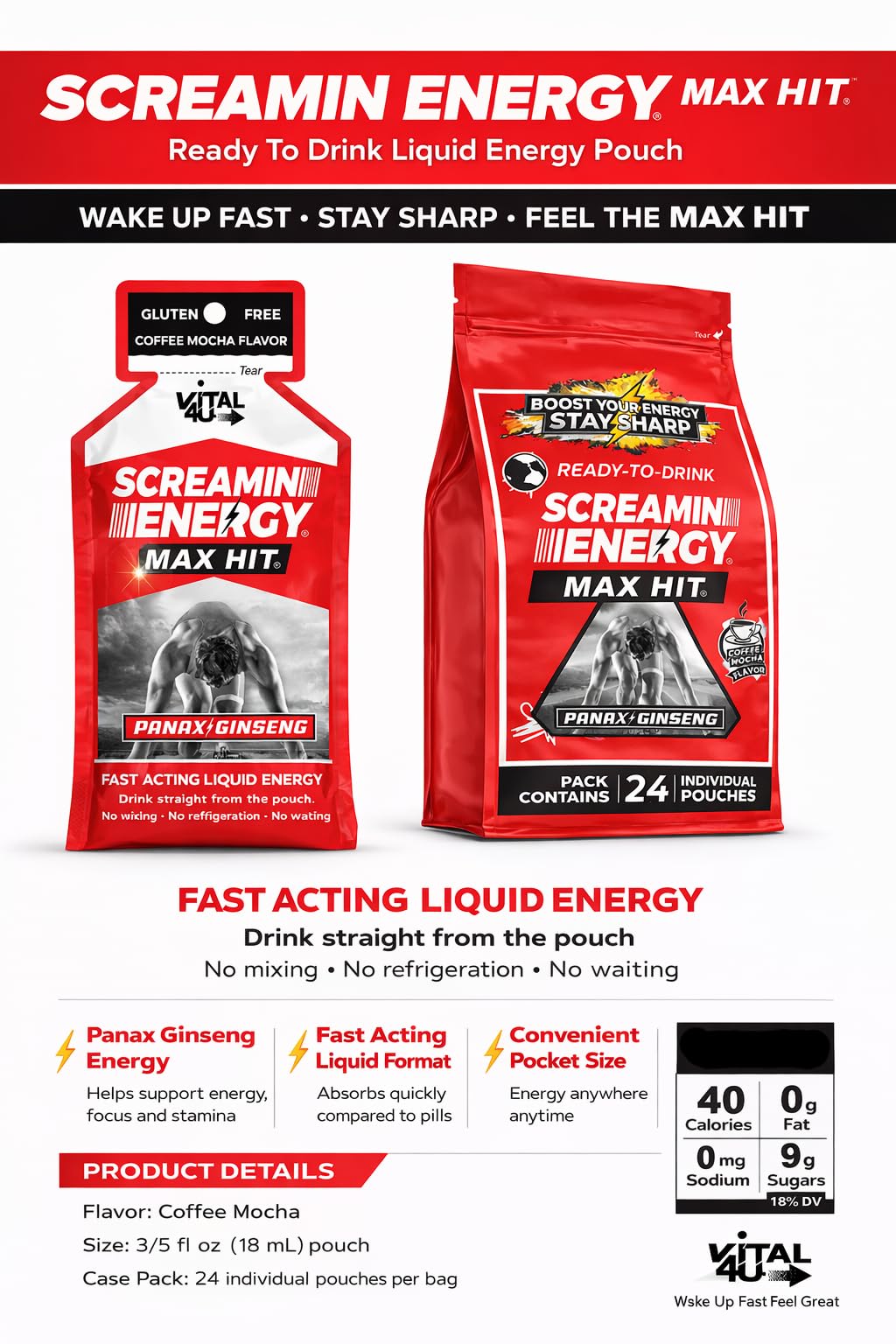 VITAL 4U Screamin Energy Max Hit Coffee Mocha Energy Shots - 24 Count - image 3