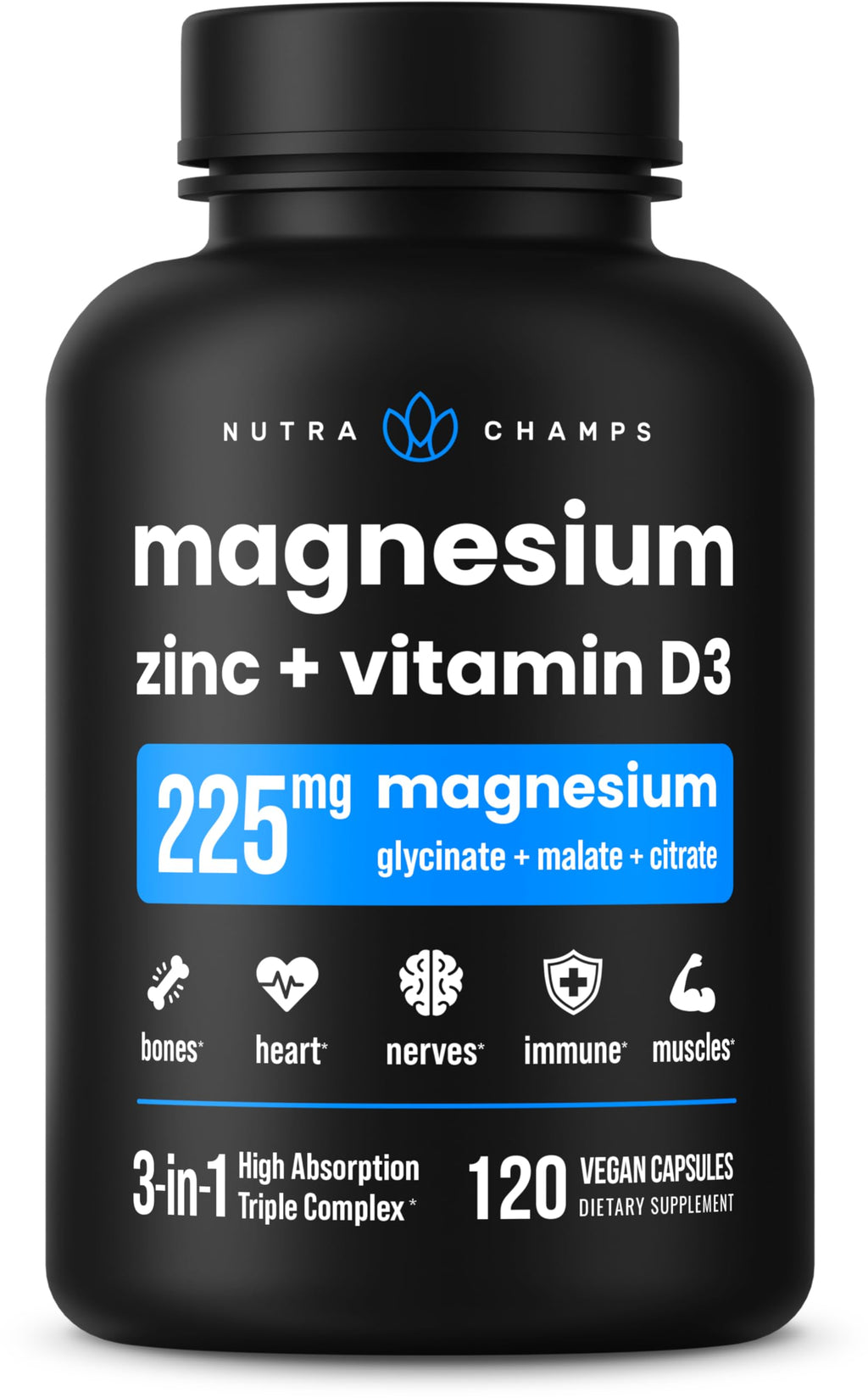 NutraChamps Magnesium Zinc & Vitamin D3 - 120 Capsules