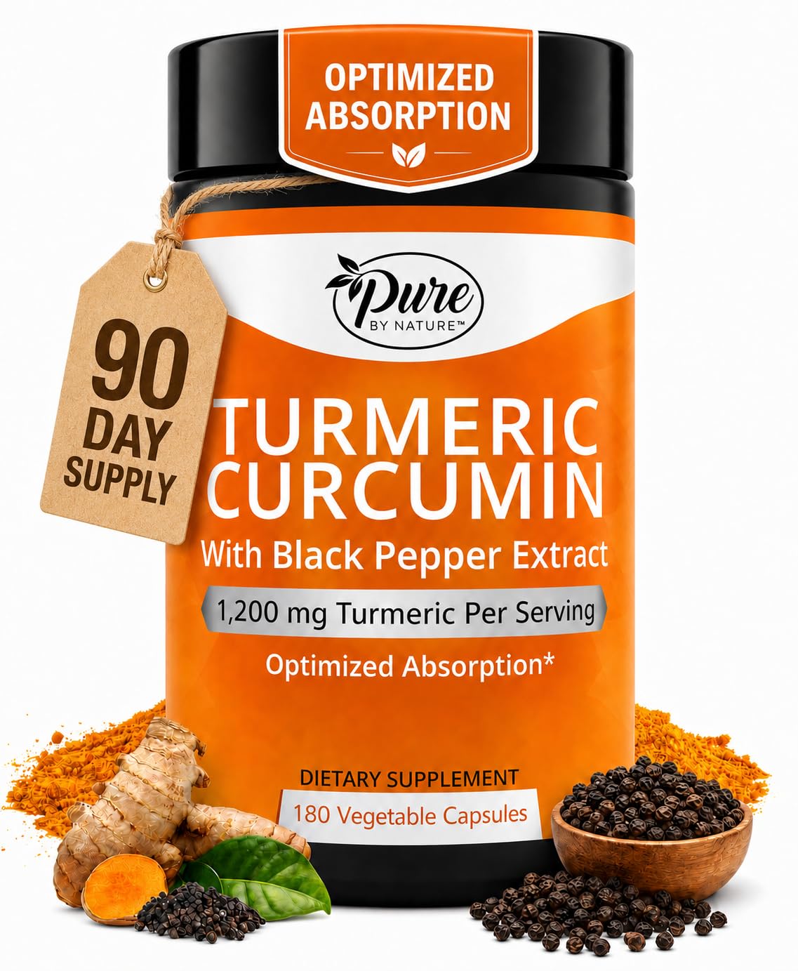 Pure By Nature Turmeric with Black Pepper 95% Curcuminoids - 180 Capsules