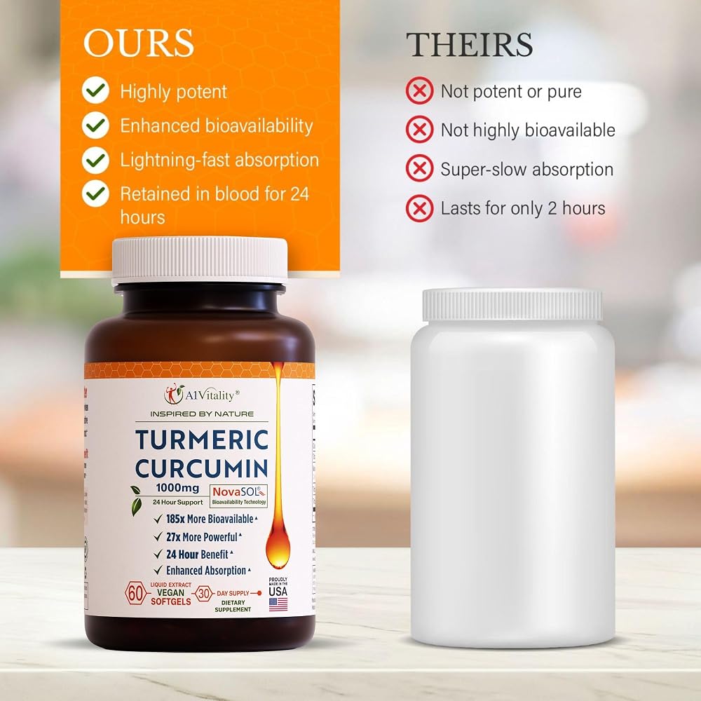 A1Vitality Vegan Turmeric Curcumin NovaSOL 1000mg - 60 Softgels - image 3