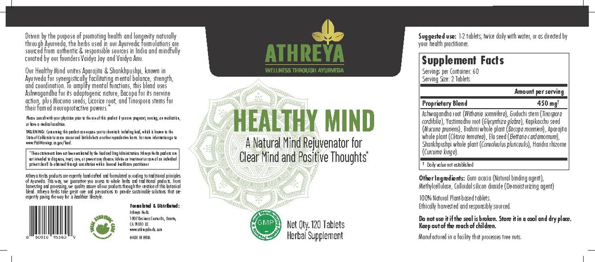 Athreya Herbs Healthy Mind Tablets for Focus & Clarity - 120 Tablets - image 2