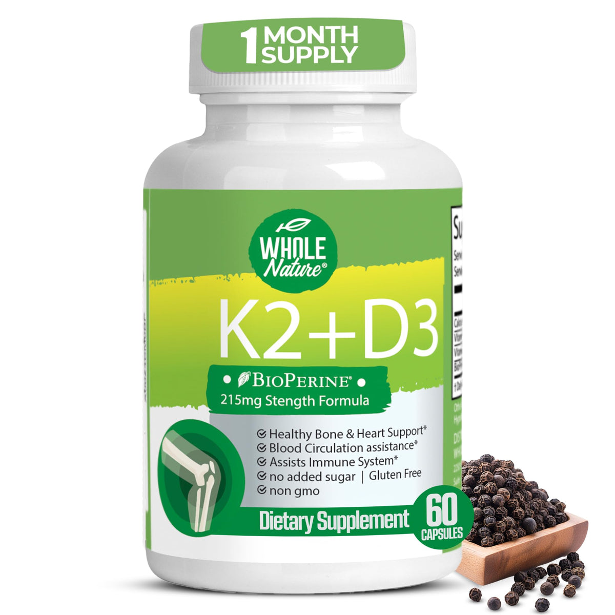 Whole Nature Vitamin K2 D3 Supplement with BioPerine - 60 Vegan Capsules