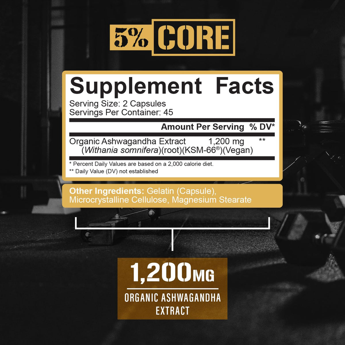 5% Nutrition Core Organic KSM-66 Ashwagandha 1,200 mg - 90 Capsules - image 3