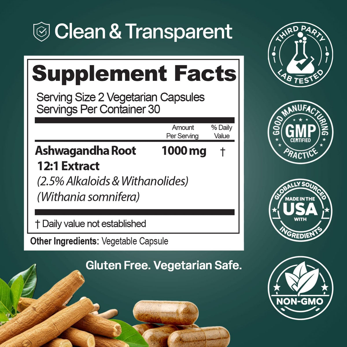 Natures Elements Ashwagandha Root 12:1 Extract 1000mg - 180 Vegetarian Capsules - image 3
