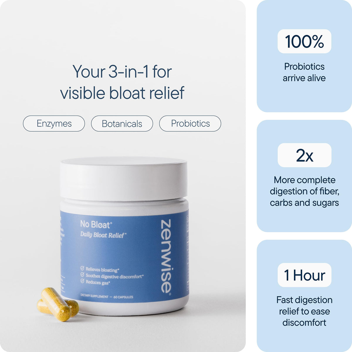 Zenwise Health No Bloat Digestive Enzymes Probiotics - 60 Capsules - image 2