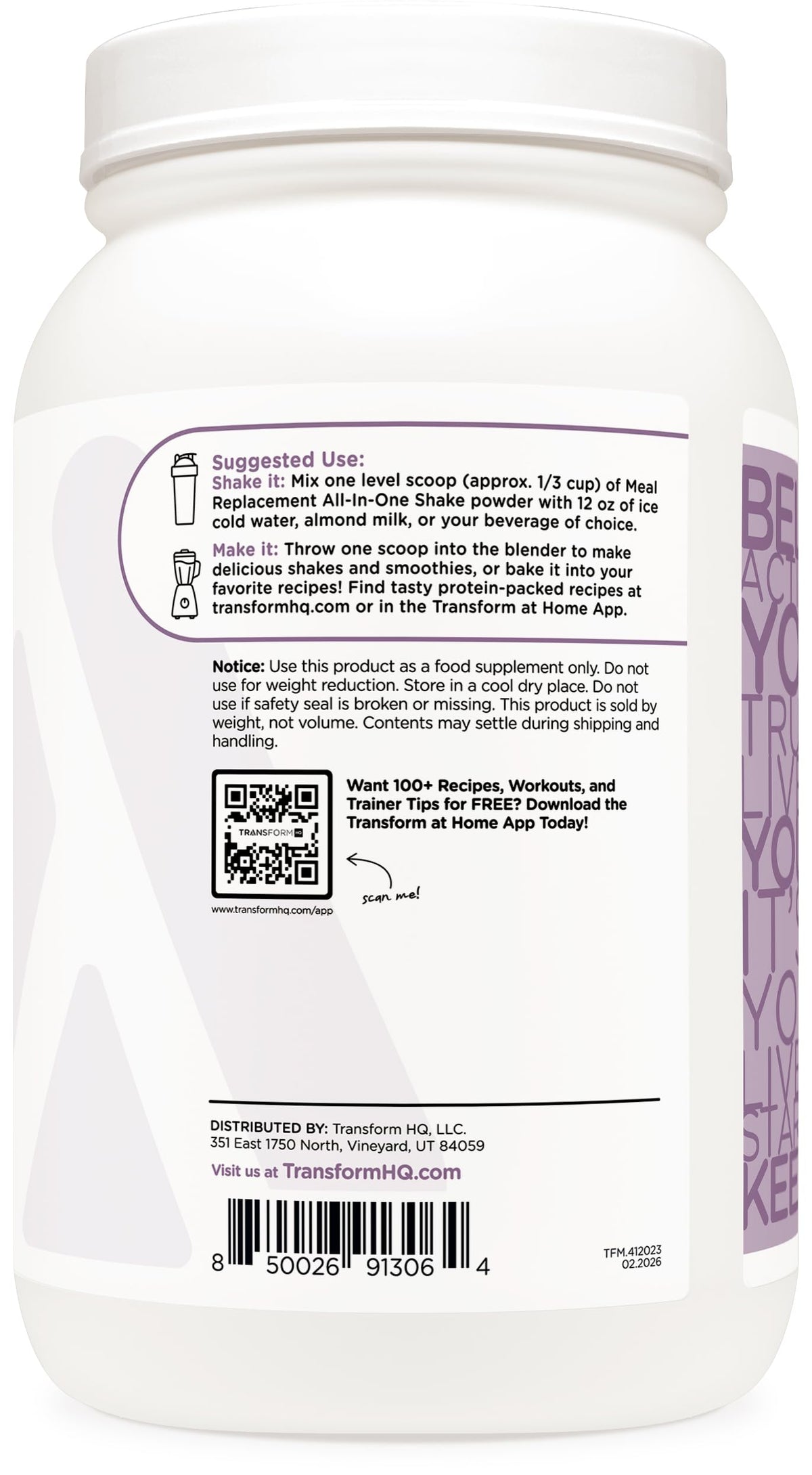 TransformHQ Meal Replacement Shake Powder 7 Servings (Peach Milkshake