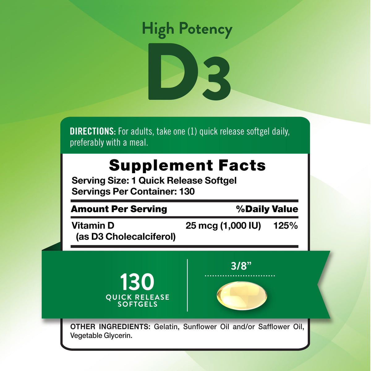 Nature's Truth Vitamin D3 1000 IU Softgels - 130 Count - image 2