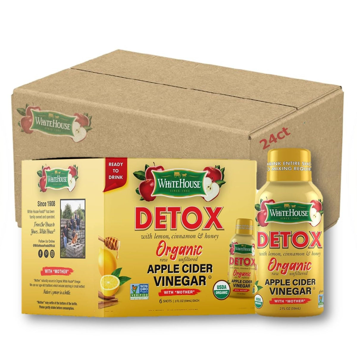 White House Detox Apple Cider Vinegar Shots Raw Unfiltered - 24 Pack