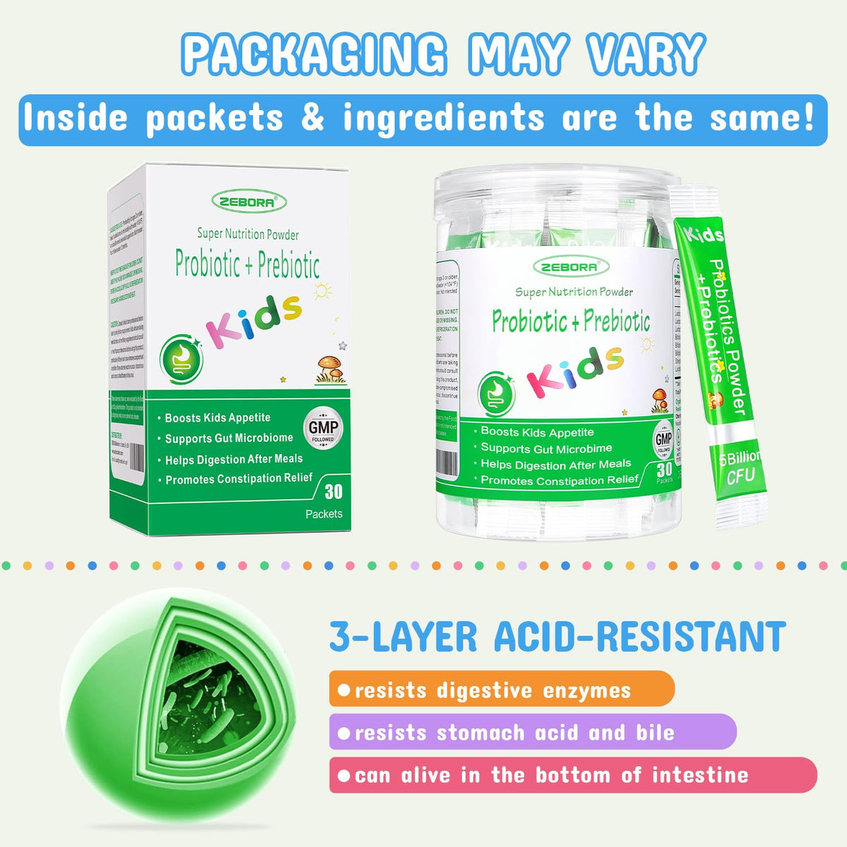 ZEBORA Kids Probiotic & Prebiotics Powder Age 3+ - 30 Packets - image 4