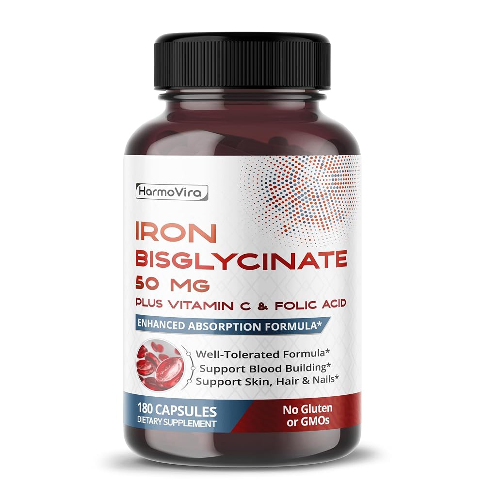 HarmoVira Iron Bisglycinate with Vitamin C & Folic Acid - 180 Capsules