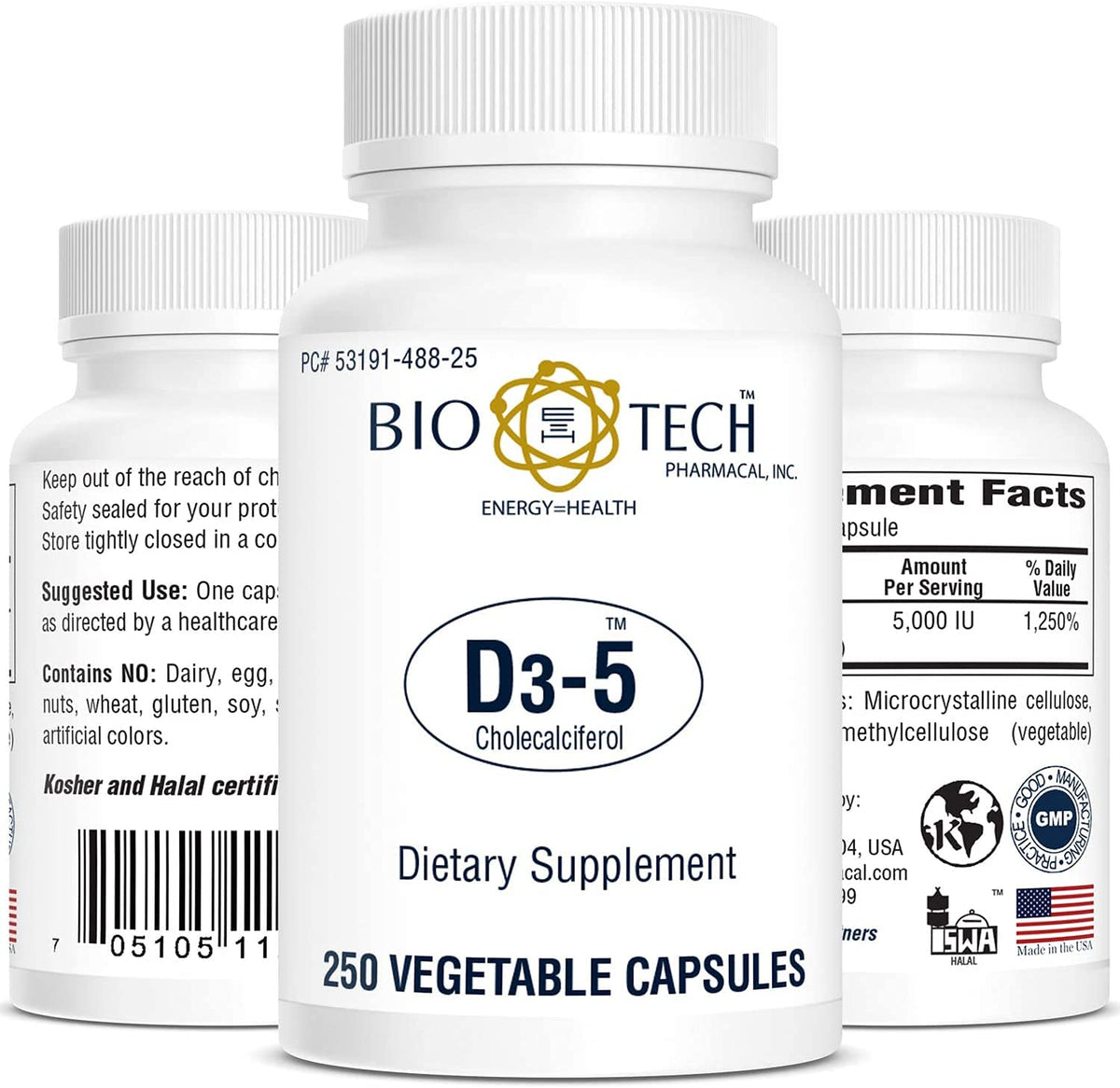 Bio-Tech Pharmacal D3-5 Vitamin D3 5000 IU - 250 Vegetarian Capsules