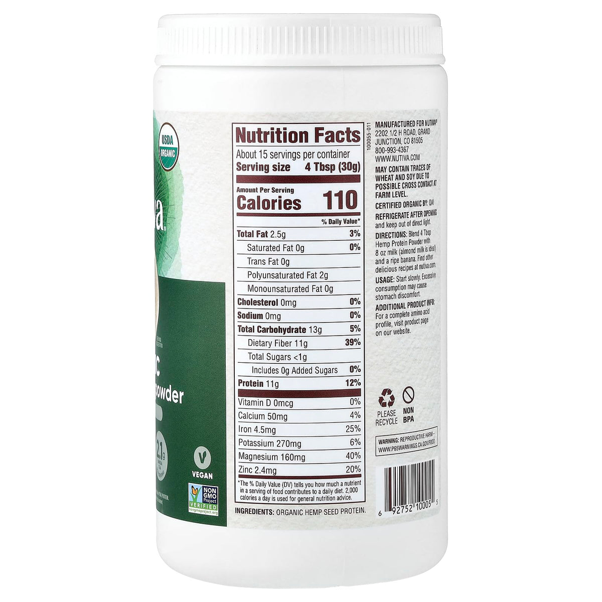 Nutiva Organic Hemp Seed Plant Protein Powder - 16 oz - image 2