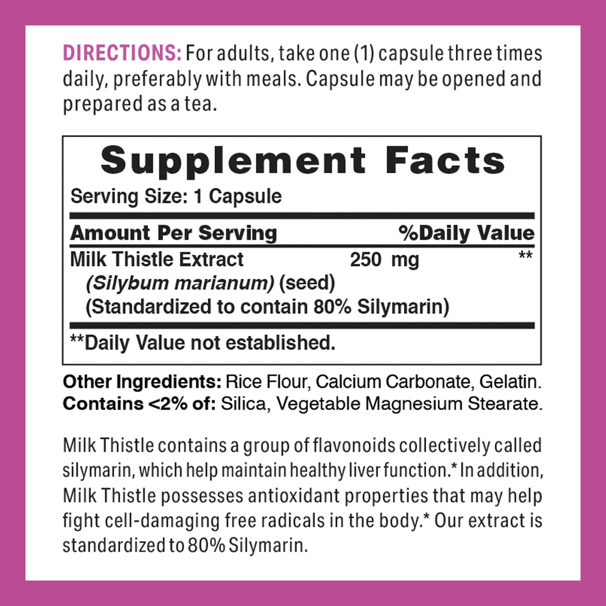Vitamin World Milk Thistle Standardized Extract 250mg - 100 Capsules - image 2