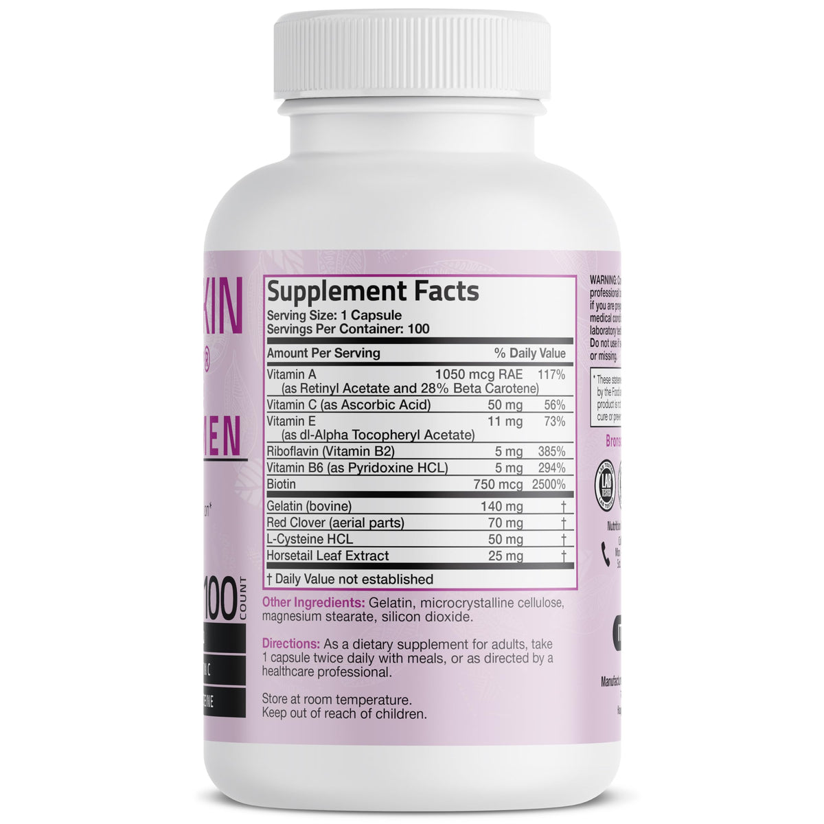 Bronson Hair, Skin & Nails with Biotin Extra Strength - 100 Capsules - image 2