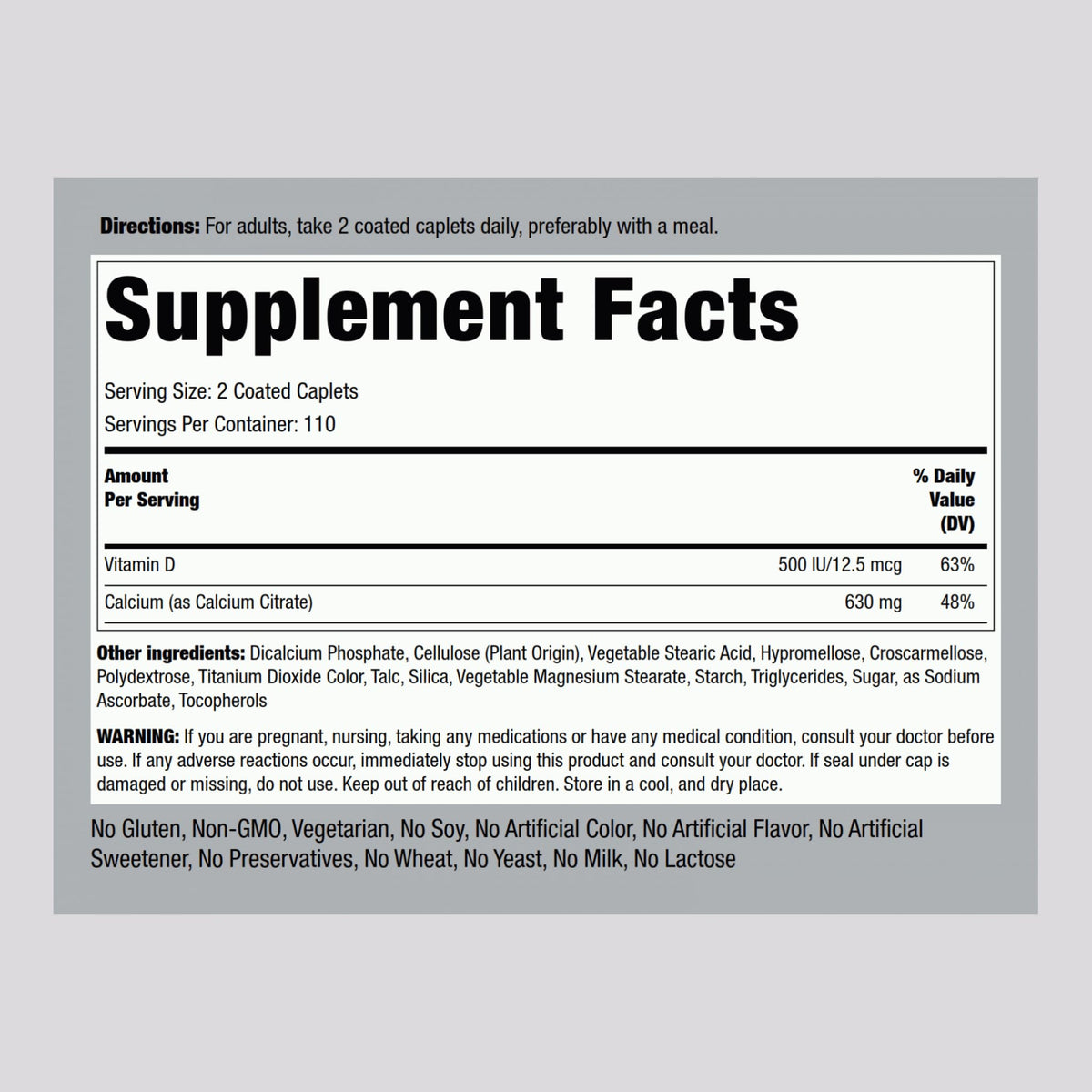Piping Rock Calcium Citrate with Vitamin D3 630 mg - 220 Caplets - image 2