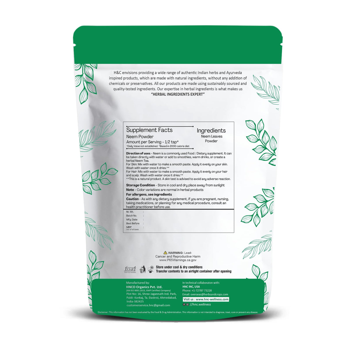 H&C Natural Neem Leaves Powder - 227 Grams - image 2