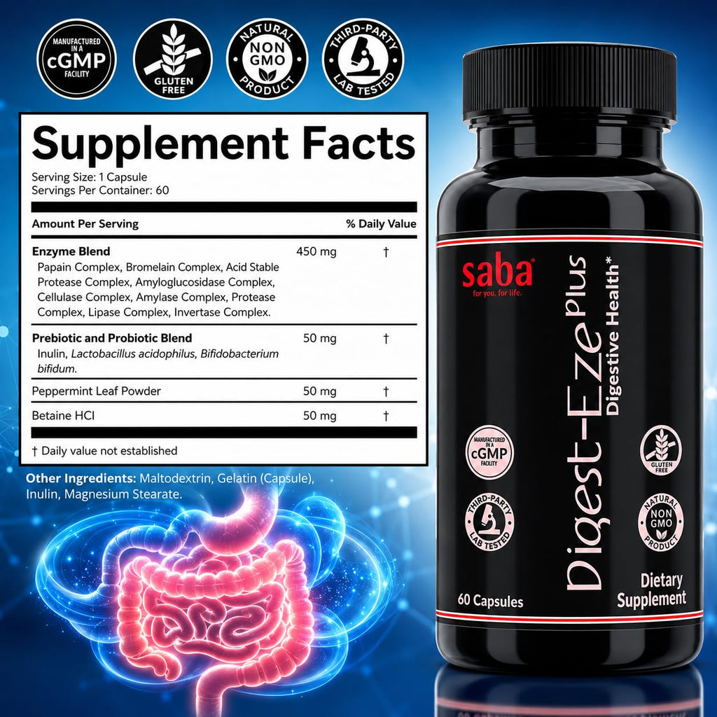 Saba Digest-Eze Plus Digestive Enzymes with Probiotics - 60 Capsules - image 2