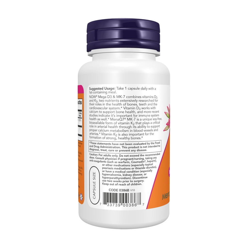 NOW Supplements Mega D-3 & MK-7 5000 IU/180 mcg - 120 Capsules - image 3