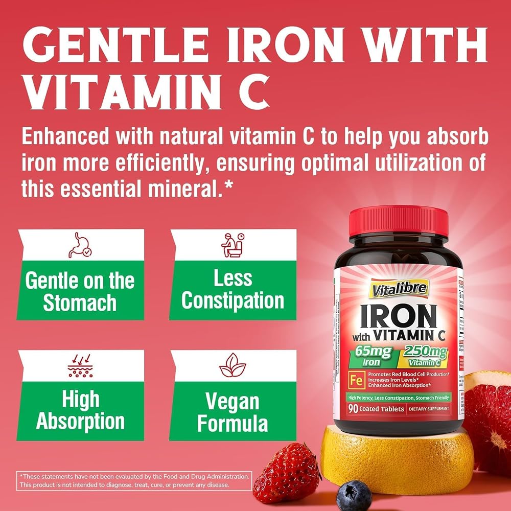Vitalibre Iron Supplement, 65mg Carbonyl Iron with 250mg Vitamin C