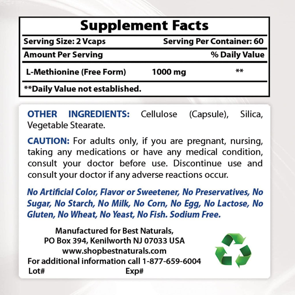 Best Naturals L-Methionine 500 mg - 120 Vegetarian Capsules - image 2