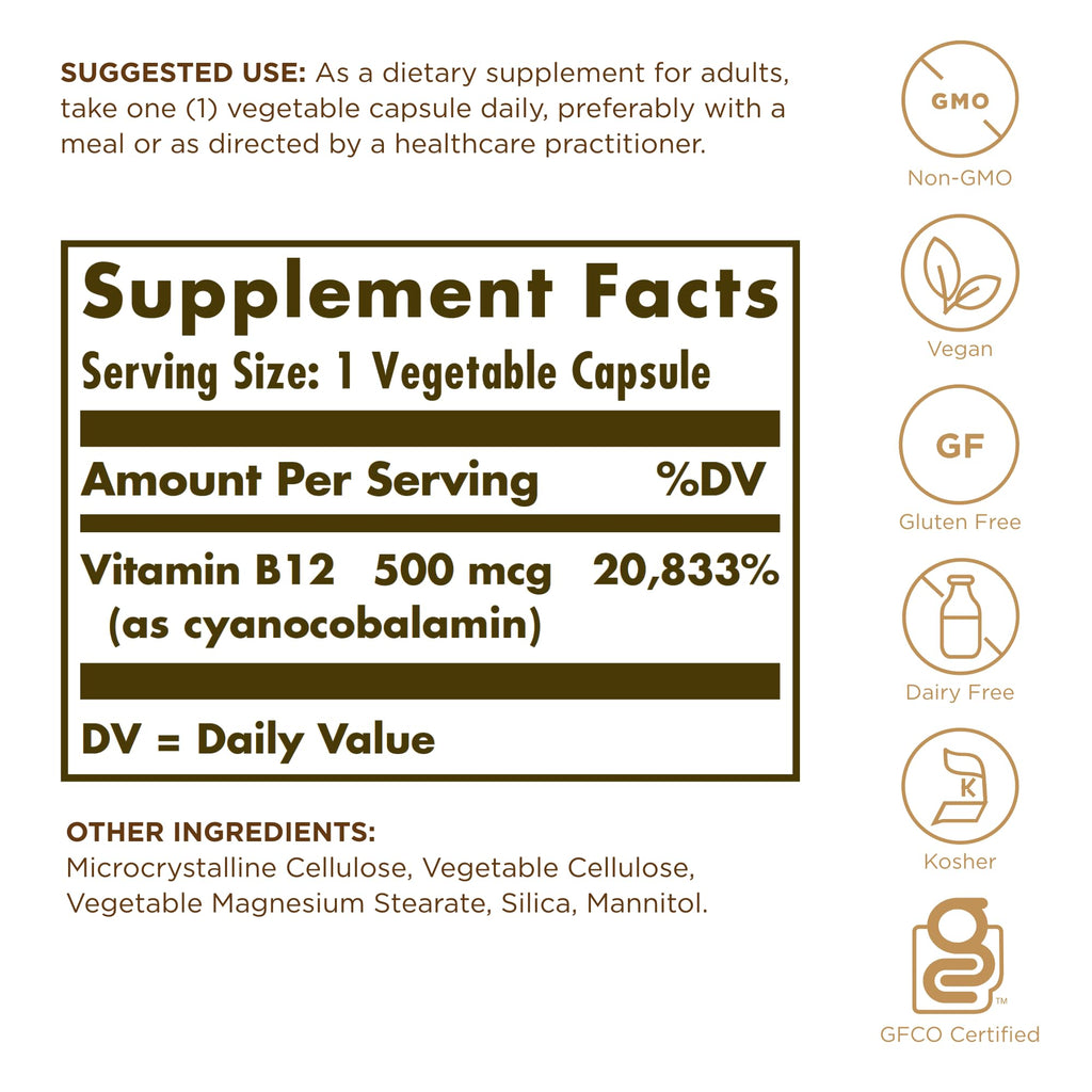 Solgar Vitamin B-12 500mcg - 100 Capsules - image 2