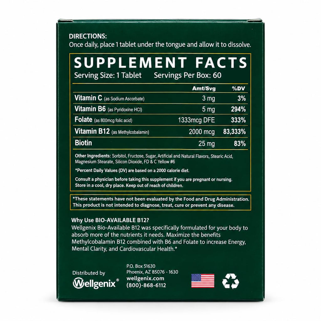 Wellgenix Bio-Available Sublingual B12 B6 Folate Vitamin - Formulated
