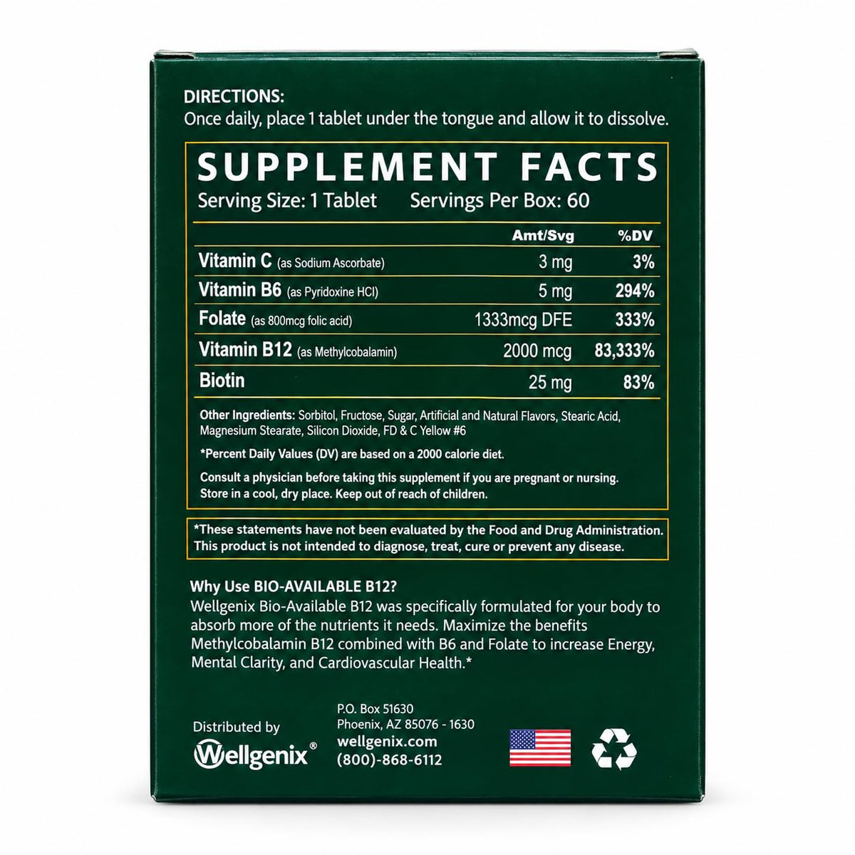 Wellgenix Bio-Available Sublingual B12 B6 Folate Vitamin - Formulated