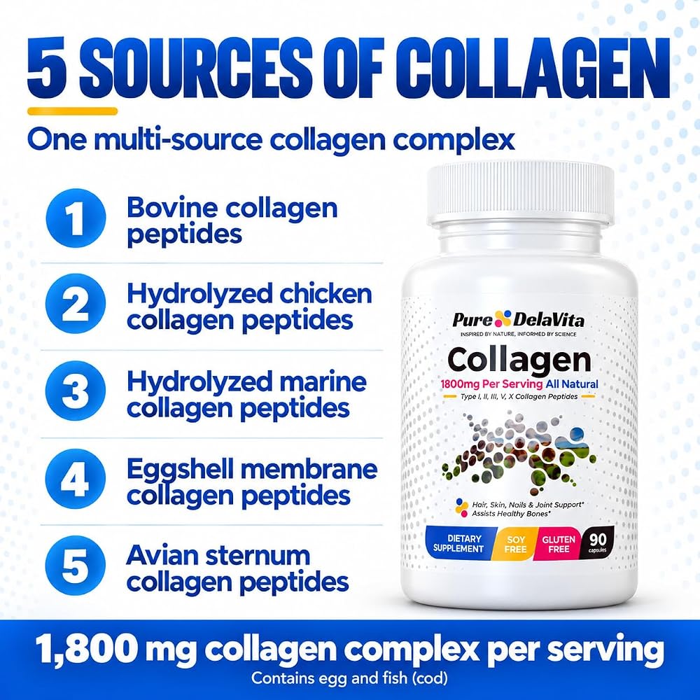 Pure DelaVita Multi Collagen 1800mg, 5 Types - 90 Capsules - image 5