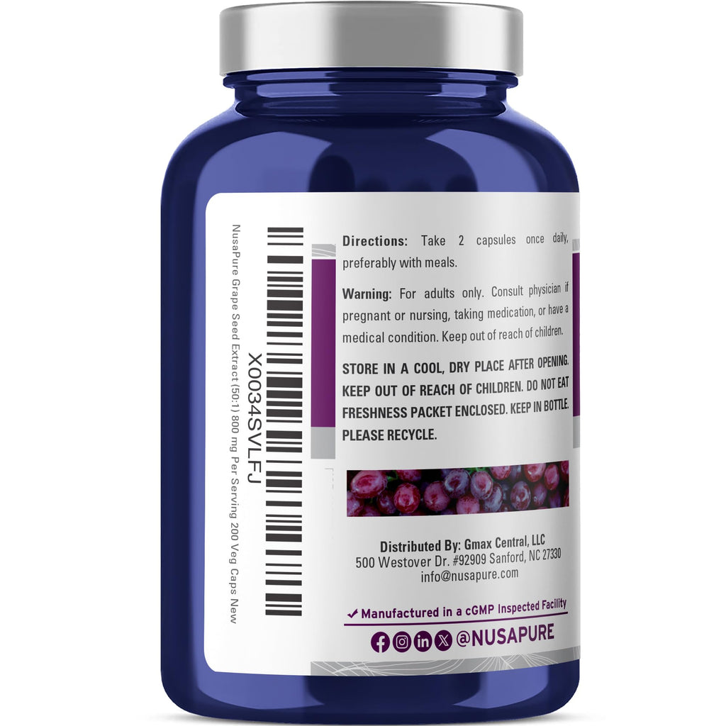NusaPure Grape Seed Extract 800mg Vegan - 200 Vegetarian Capsules - image 3
