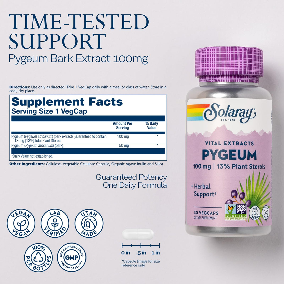 SOLARAY Pygeum Bark Extract 100mg Prostate Support - 30 Vegetarian Capsules - image 2