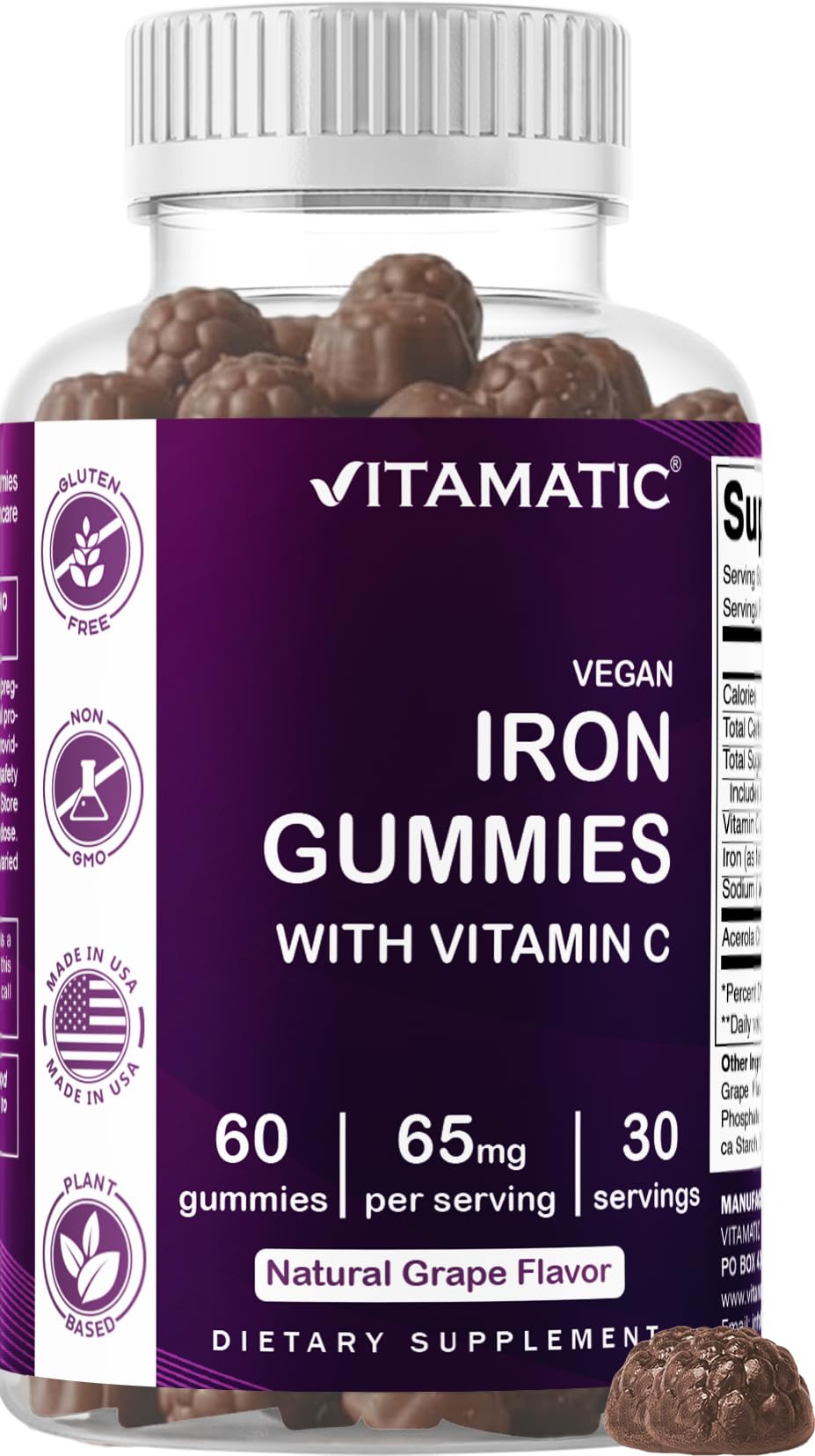 Vitamatic Iron 65 mg Gummies Supplement for Women & Men - 60 Vegan