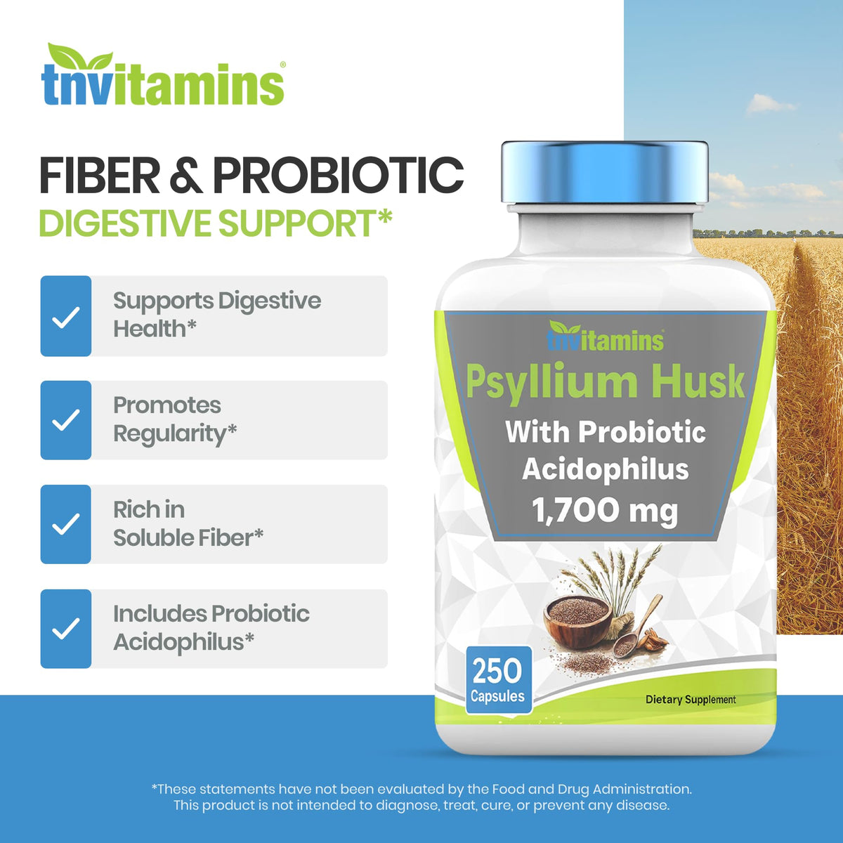 tnvitamins Psyllium Husk Capsules 1700 MG - 250 Capsules - image 4