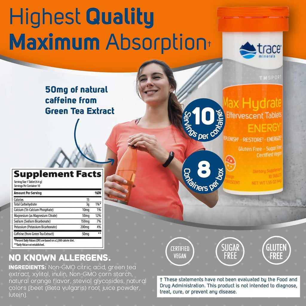 Trace Minerals Max-Hydrate Energy Electrolyte Tablets, Orange - 8 Count - image 2