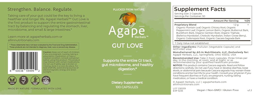 All In Nutritionals Agapé Herbals Gut Love - 100 Capsules - image 2