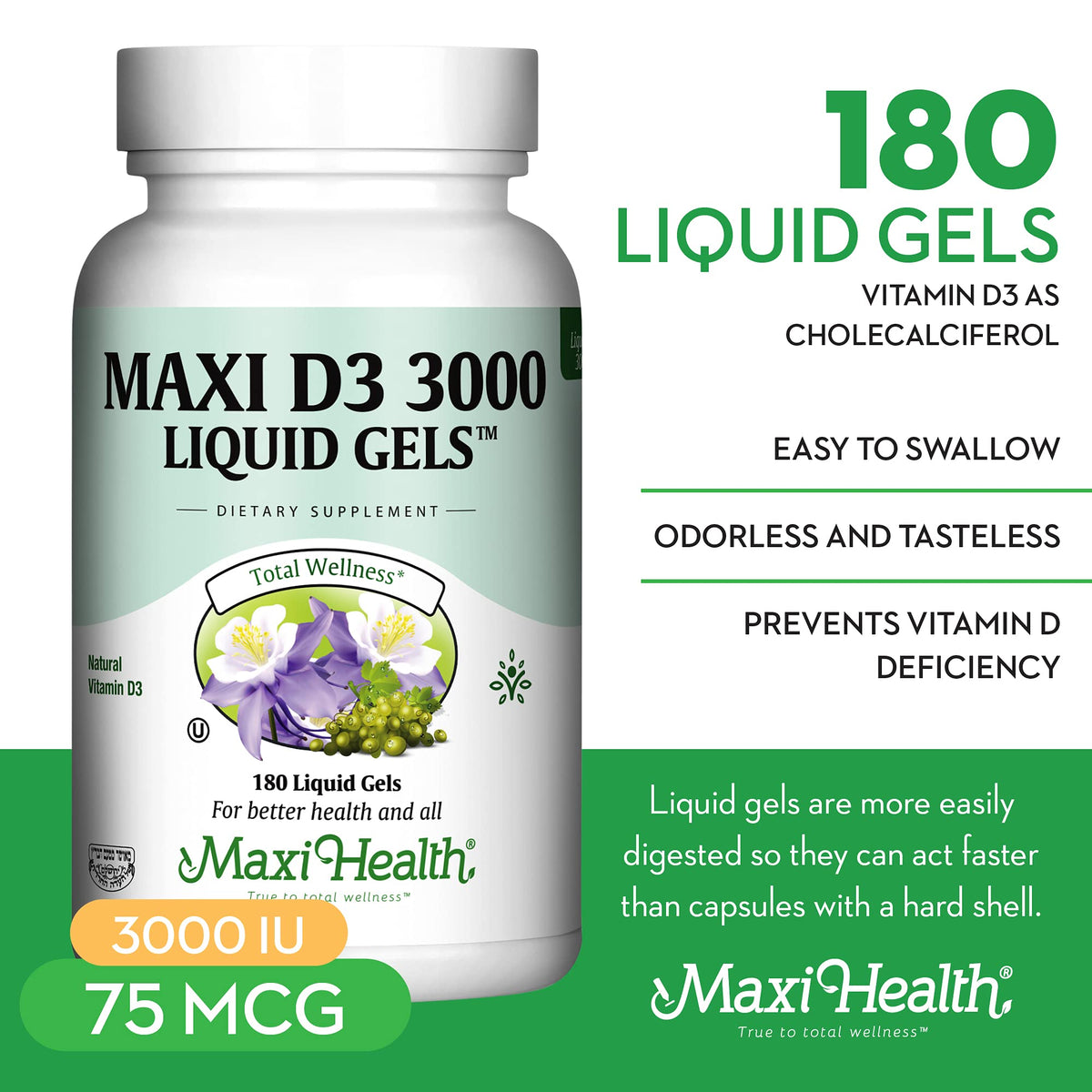 Maxi Health Vitamin D3 3000 IU - 180 Softgels - image 2