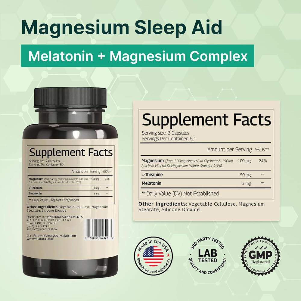 VINATURA Magnesium Glycinate Sleep Aid with Melatonin - 120 Capsules - image 2
