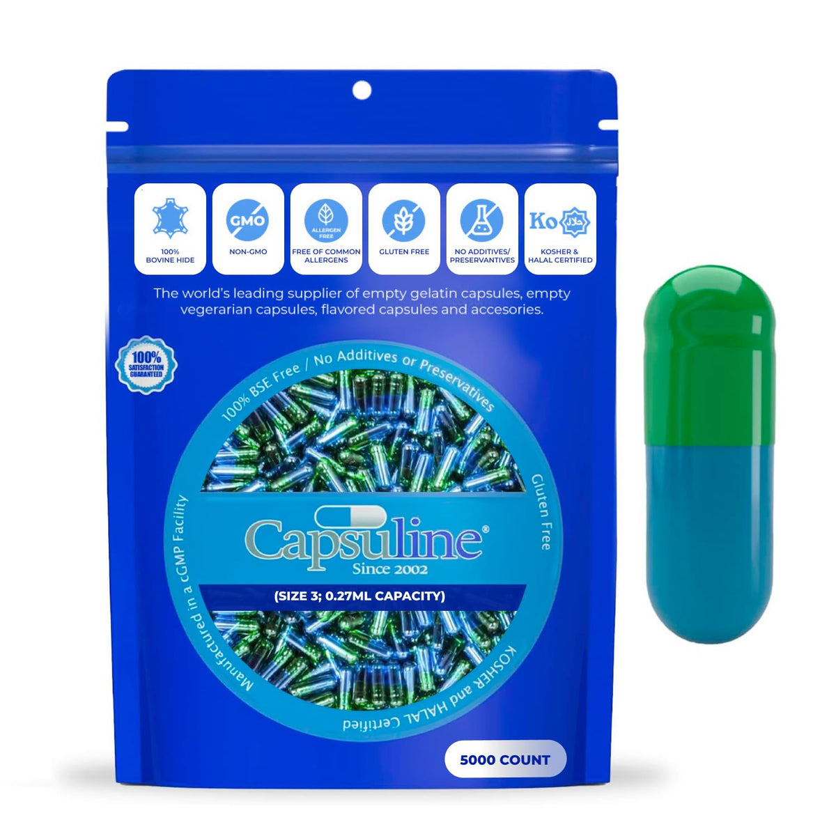 Capsuline Colored Size 3 Empty Gelatin Capsules Green/Blue