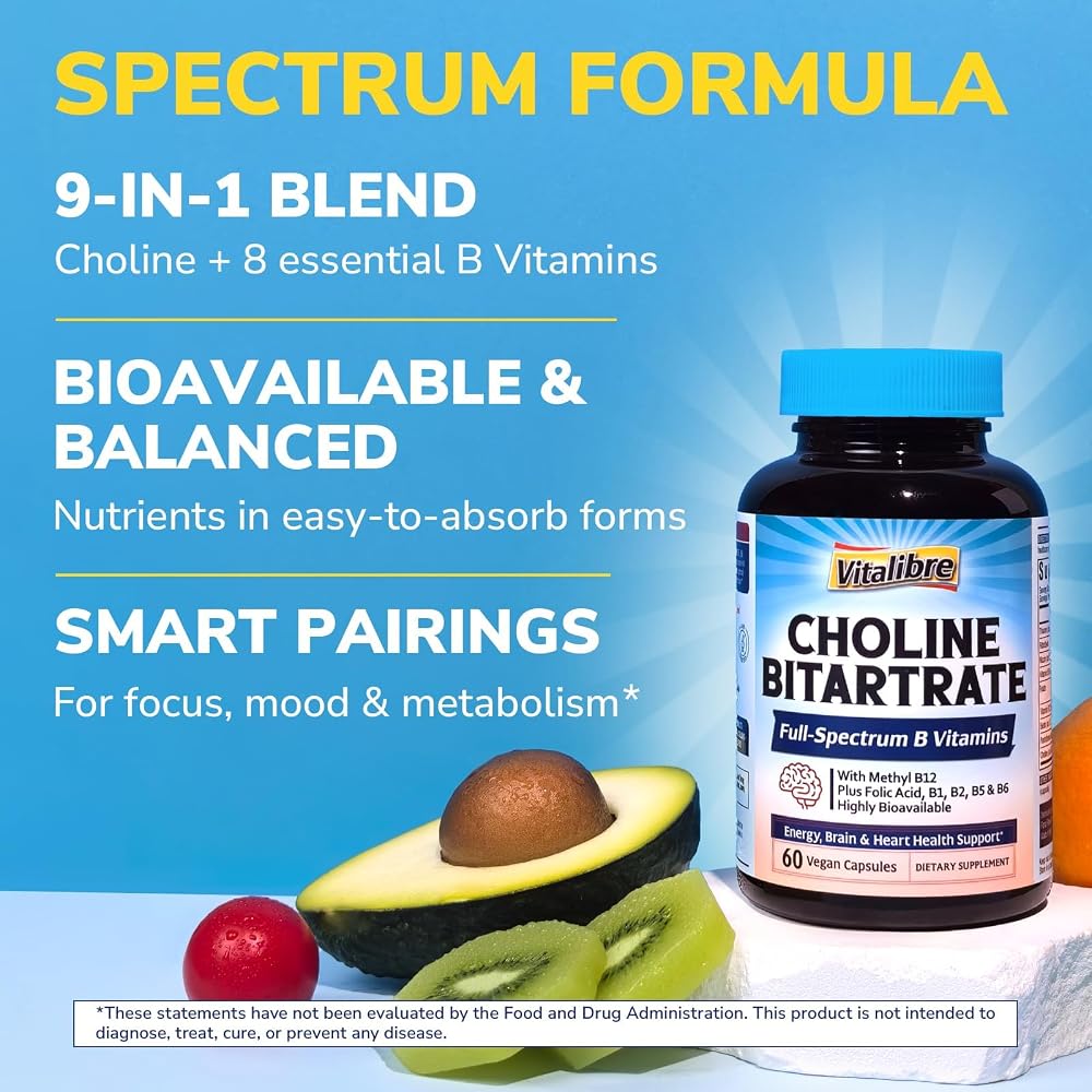 Vitalibre Choline Bitartrate 300mg with B Vitamins - 60 Vegan Capsules - image 3
