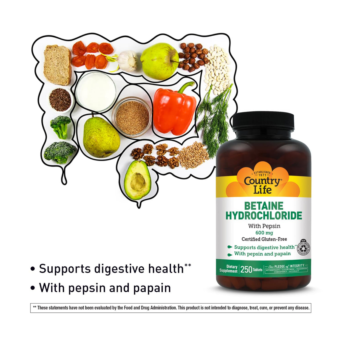 Country Life Betaine Hydrochloride with Pepsin 600 mg - 250 Tablets - image 6