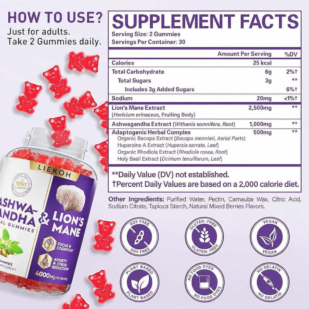 Liekoh Ashwagandha & Lion's Mane Gummies for Brain Health - 60 Count - image 6