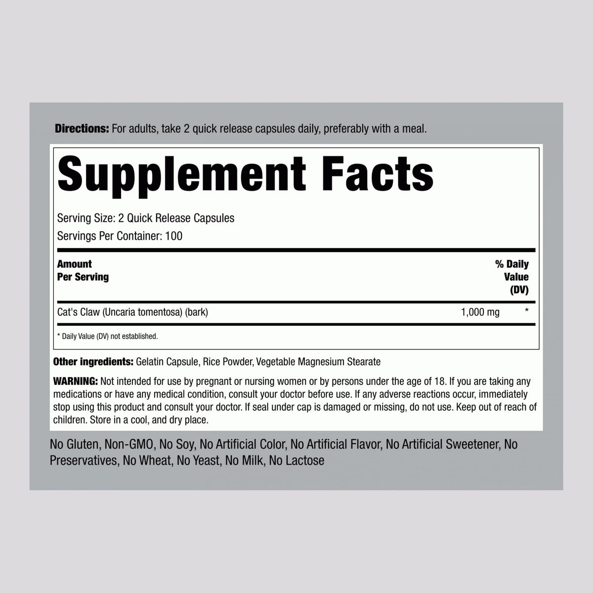 Piping Rock Cat's Claw Herb Supplement 1000mg - 200 Capsules - image 2