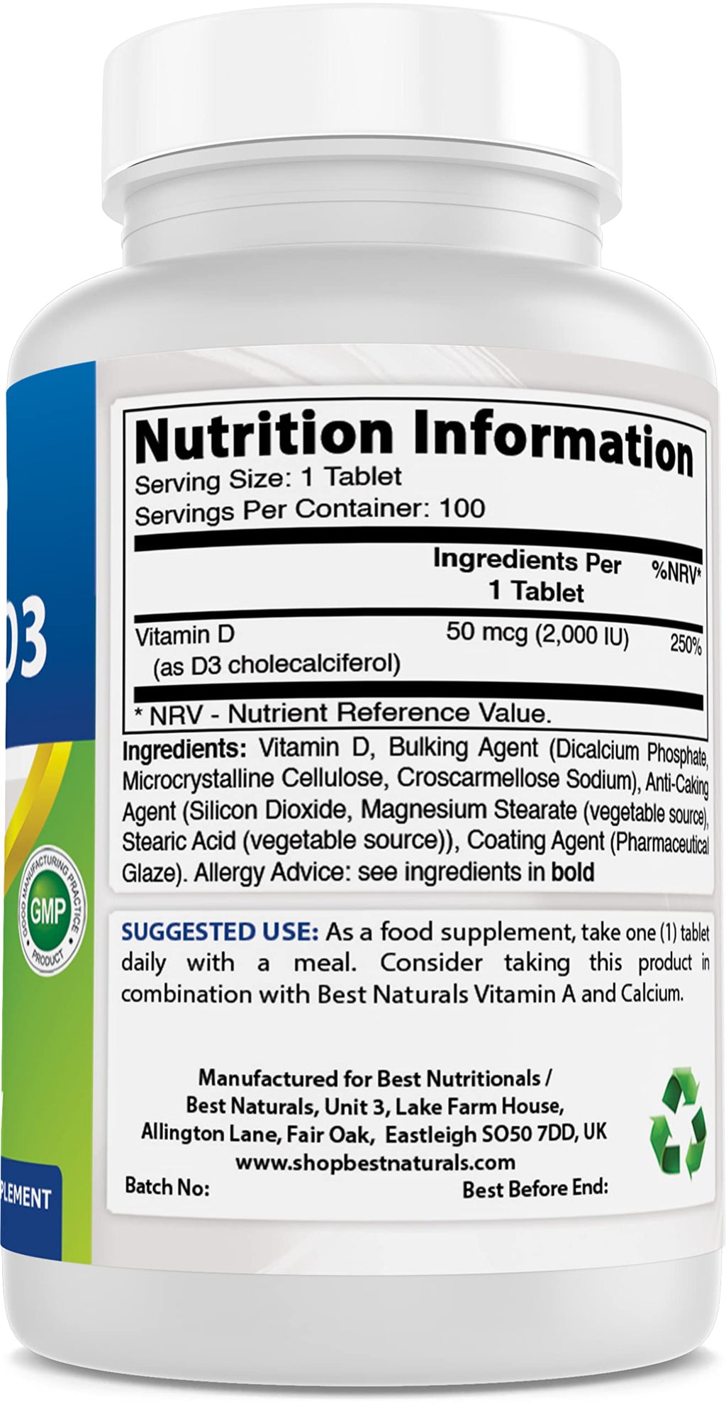 Best Naturals Vitamin D3 2000 IU (50 mcg) - 100 Tablets - 100 Days