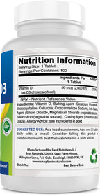 Best Naturals Vitamin D3 2000 IU (50 mcg) - 100 Tablets - 100 Days