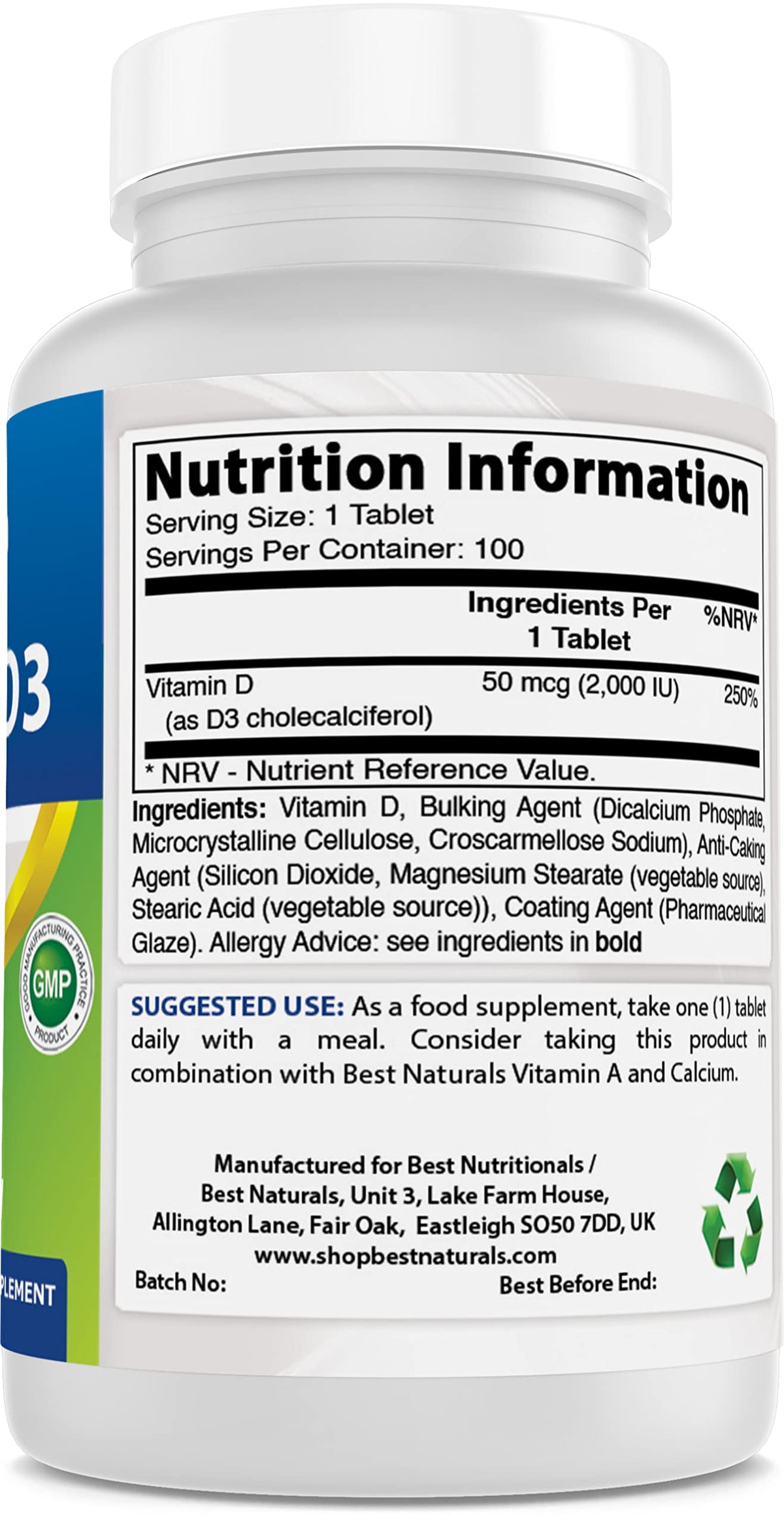 Best Naturals Vitamin D3 2000 IU (50 mcg) - 100 Tablets - 100 Days