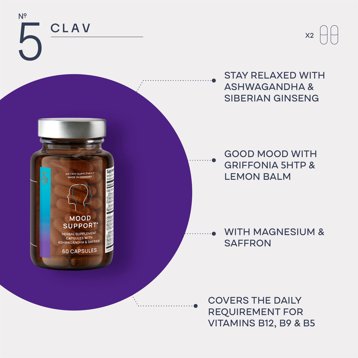 CLAV Mood Support Supplement with Ashwagandha & 5-HTP - 60 Capsules - image 3