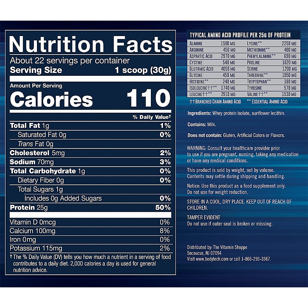 BodyTech Whey Protein Isolate Powder - 25 Grams of Protein per