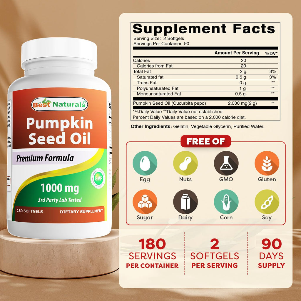 Best Naturals Pumpkin Seed Oil Bladder Control 1000 mg - 180 Softgels - image 2